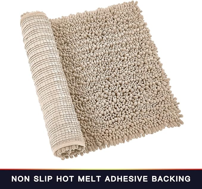 Walensee Bathroom Rug 2 Pieces Set Non Slip Bath Mat (20"x32" Plus 20"x24" U Beige) Water Absorbent Super Soft Shaggy Chenille Machine Washable Dry Extra Thick Perfect Carpet for Shower Floor