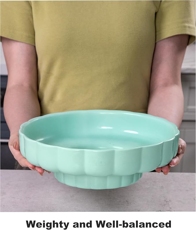 Nucookery Ceramic Petal Fruit Bowl for Kitchen Counter, 11 Inch Modern Decorative Bowl, Elegant Fruit & Vegetable Storage Container, Large Bread Basket, Mint Green