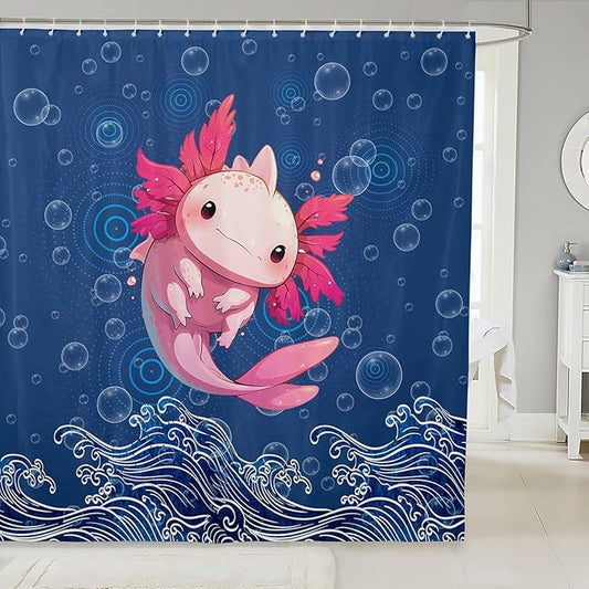 Feelyou Cute Axolotl Fabric Shower Curtain Cartoon Salamander Shower Curtain for Kids Blue Ocean Bathroom Waterproof Accessories with 12 Hooks Sea Animals Curtains,72X78 Inches
