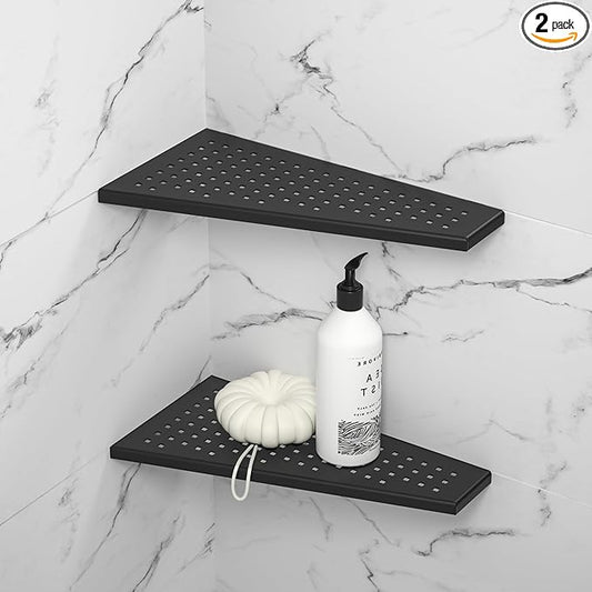 Corner Shower Shelf, Matte Black 12" 304 Stainless Steel Trapezoid Floating Shelf with Grid Hollows Design, Recessed Bathroom Shelves for Tiled Wall Retrofit, No Drilling, 2 Pack