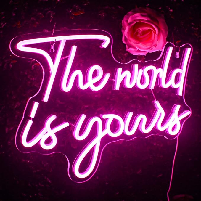 Lucunstar The World Is Yours Neon Sign - Pink Led Neon Light for Wall Decor, USB Powered Sign for Wedding, Engagement, Bedroom