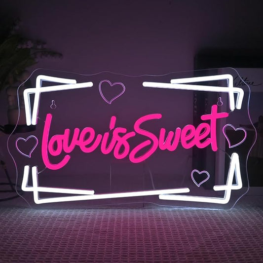 Lucunstar Love is Sweet Neon Sign,Led Light Sign for Wedding Decor Bridal Shower,USB Connectivity Led Sign with Dimming Switch for Home Wall Decor,Girls Decor,Party Room