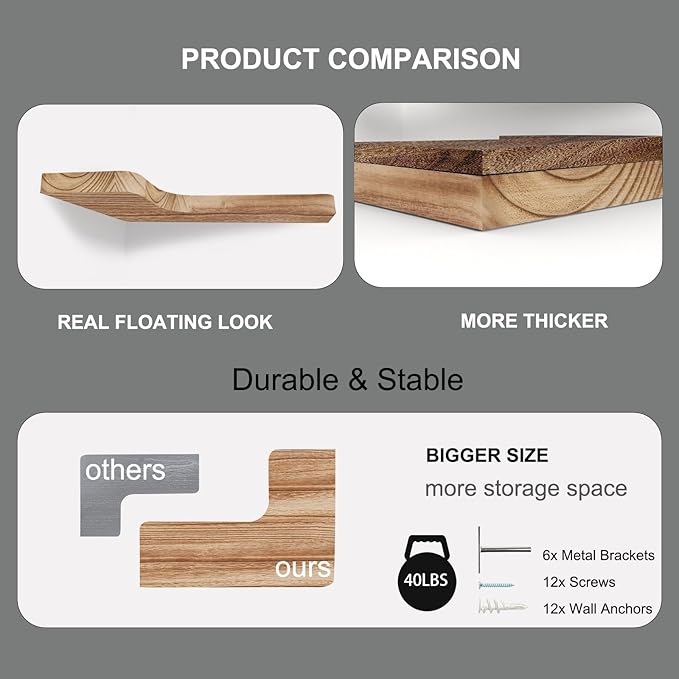 SAUMONIERES Corner Floating Shelves Wall Mount Shelf Solid Wood for Bedroom Bathroom Room Kitchen Storage Set of 3, Rustic Torched, Invisible Brackets