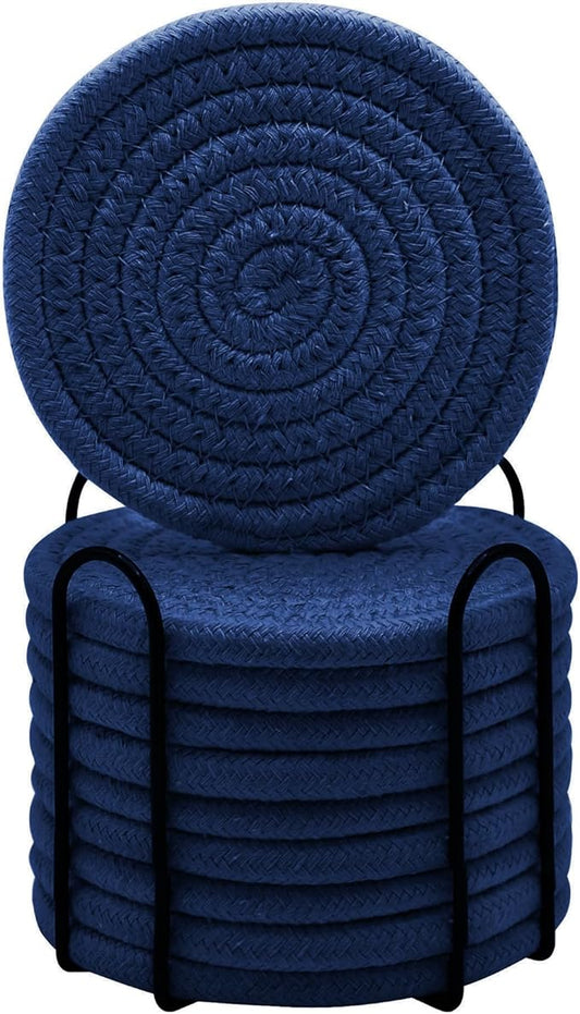 ABenkle Drink Coasters with Holder Set of 10, Cotton Woven Absorbent Coasters for Drinks, Minimalist Home Decor Coaster Set for Wooden Tabletop Protection Table, 4.3 inches