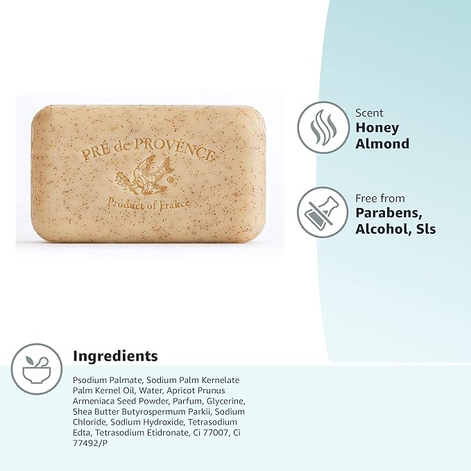 Pre de Provence Artisanal French Moisturizing Soap Bar, Shea Butter Enriched, Quad Milled for Long Lasting Rich Smooth Lather, 5.3 Ounce, Honey Almond