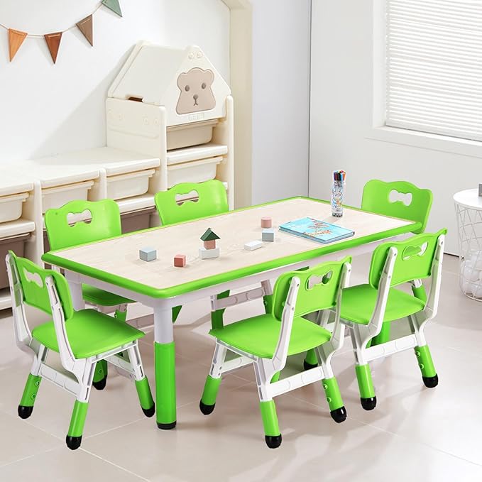 Kids Table and 6 Chair Set - Height Adjustable, Multifunctional Desk, Ergonomically Designed Chairs, Max 300lbs, for Ages 2-10, Classroom, Daycares, Home