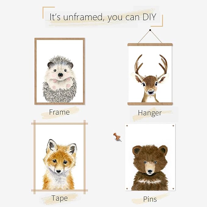 Jungle Nursery Safari Animal Decor - Cute Fawn, Fox, Rabbit, Bear Wall Art - Unframed - 12"x16" For Baby Bedroom