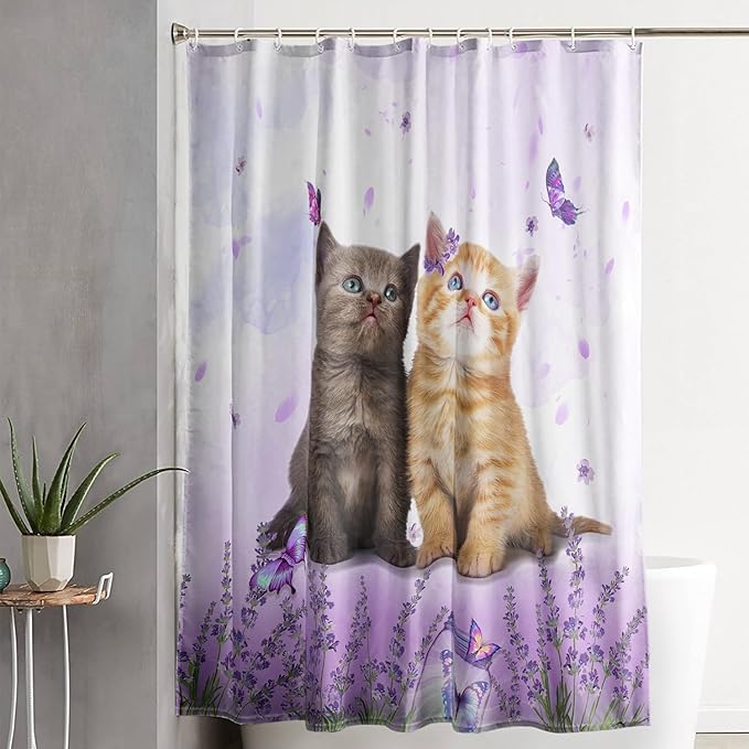 AILONEN Cartoon Cat Shower Curtain, Kawaii Kittens with Purple Flower Shower Curtain for Kids Girls Boys Bathroom Decor,Cute Pet Cat Lover Waterproof Shower Curtains Sets with Hooks,72" W*84" H