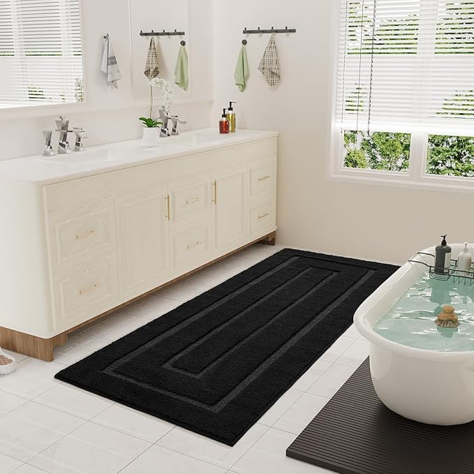 HOMORE Bathroom Runner Rugs 24 x 70 Non Slip Washable Long Bath Rug, Black Rugs for Bathroom Absorbent Bath Rug Runner with TPR Backing, Soft and Thick Bath Mat for Shower Floor