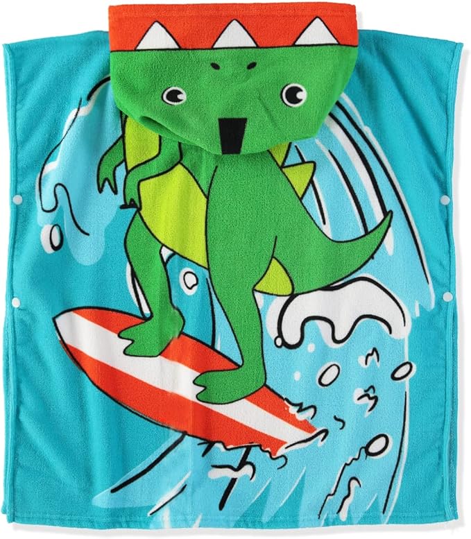 Boys and Girls Absorbent Hooded Beach Towel Pullover Character Microfiber Bath Towel with Side Snaps (Dino, 2-3T)