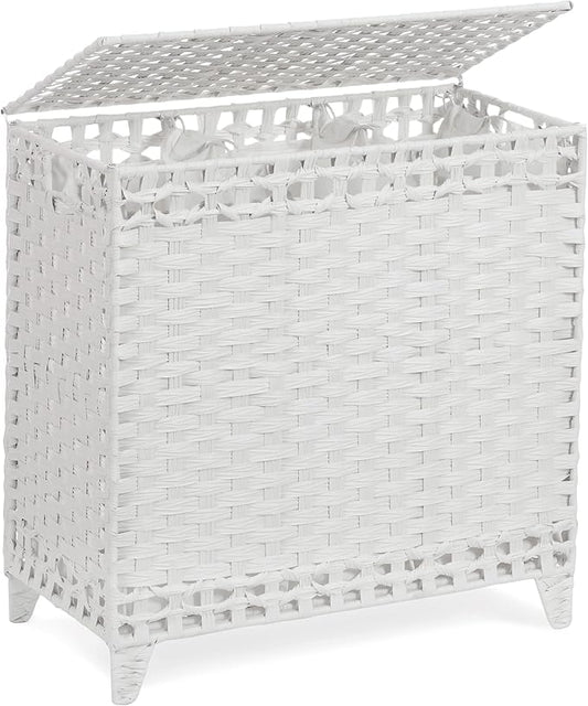 Laundry Hamper with 3 Removable Liner Bags; 132L Handwoven Rattan Laundry Basket with Lid & Heightened Feet; Clothes Hamper with Side Handles; Laundry Sorter with 3 Separate Sections (White)