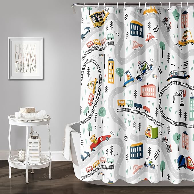 AILONEN Construction Truck Shower Curtain, Kids Cartoon Train Vehicle Tractor Cars Bath Curtain for Boys,White Road Map Bathroom Decor Waterproof Fabric 48" W*72" H Inch with 12 Plastic Hooks