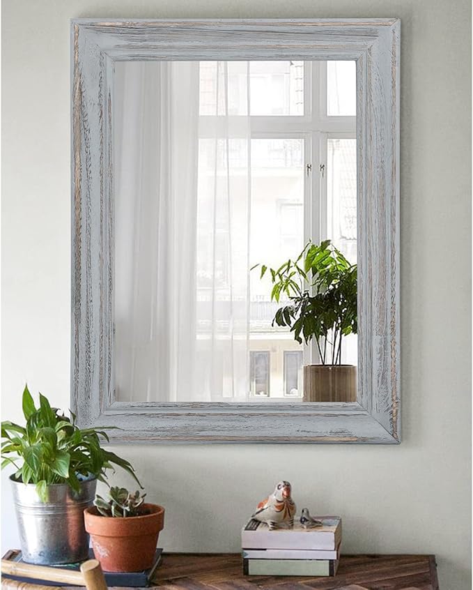 Rectangle Wooden Mirror with Framed Retro Hanging Mirrors Large 20"x16" for Bathroom Bedroom Living Room Home Entryway