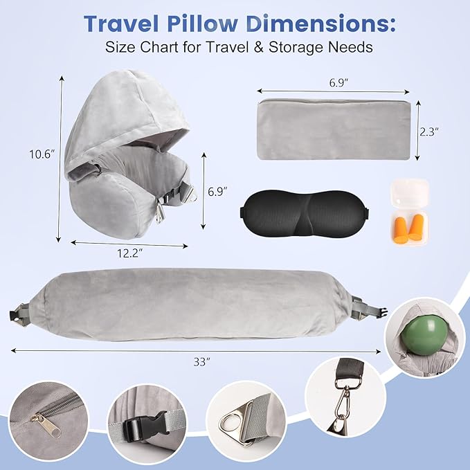 DreamShore Stuffable Neck Pillow for Travel with Hood - Adjustable Velvet Travel Pillow with Earplugs & Eye Mask, Ultimate Carry-On Travel Neck Pillow for Airplane, Travel Pillow for Extra Luggage