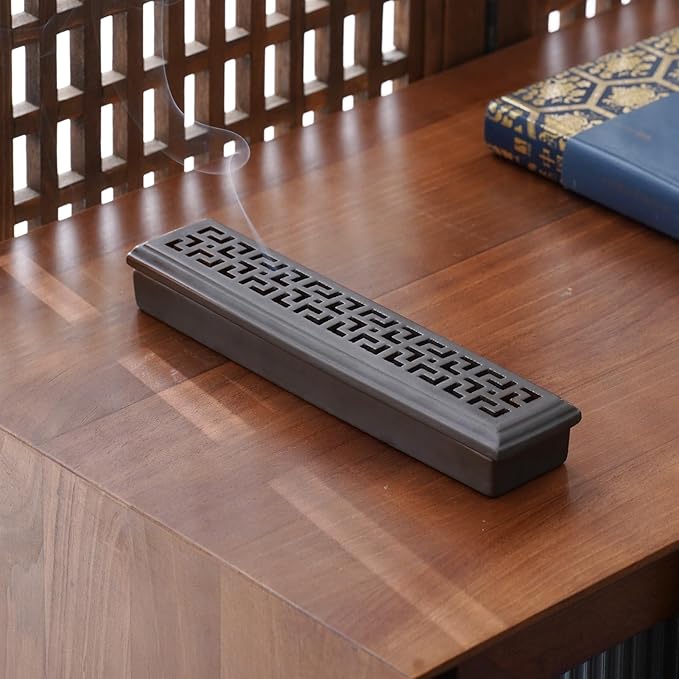 Incense Holder,Ceramic Incense Holder for Sticks with Ash Catcher,Coffin Style Incense Box,Incense Burner for Meditation Yoga Spa Room Decor(Brown)