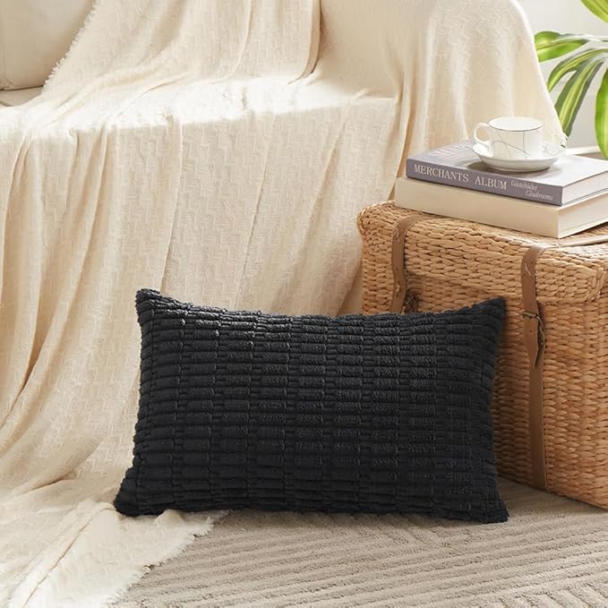 Fancy Homi 4 Packs Boho Black Decorative Throw Pillow Covers 16x24 Inch for Living Room Couch Bed Sofa, Rustic Modern Farmhouse Home Decor, Soft Plush Corduroy Cute Square Cushion Case 40x60 cm
