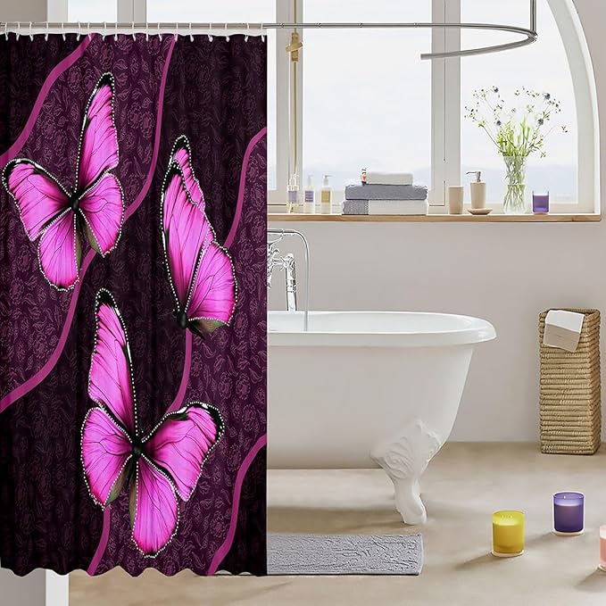 Feelyou Butterfly Shower Curtain 72"x78" Kids Butterflies Botanical Floral Print Bathroom Shower Curtain Set for Boys Girls Teens Geometric Stripes Bath Curtain Pink Bathroom Accessories
