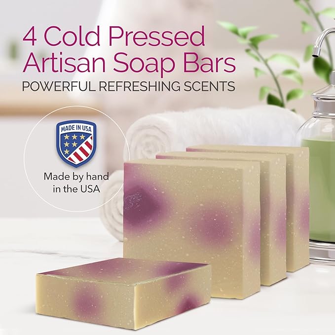 Handmade Natural Bar Soap Gift Set - 100% All Organic Vegan Bath Moisturizing Handmade Artisan Scented Cold Process Fragrant Soaps with Essential Oil - 4 Pack (Pomegranate Cherry)