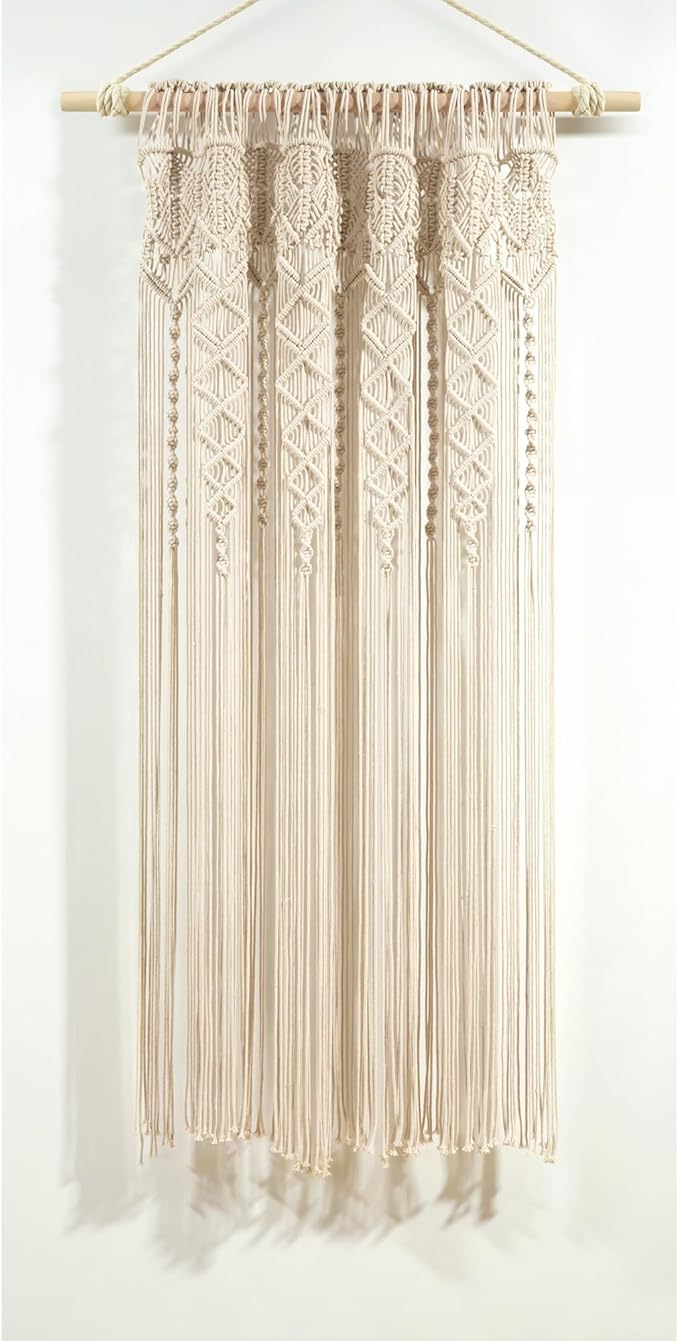 Lush Decor Boho Macrame Textured Cotton Window Curtain Panel, Single Panel, 40" W x 63" L, Neutral - Doorway Room Divider - Wedding Or Wall Decor - Boho Macrame Curtain