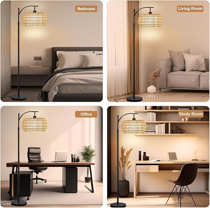 Boho Rattan Floor Lamps for Bedroom with 3 Color Temperatures, 75'' Farmhouse Arc Floor Lamp Adjustable Height with Shades/Remote Control/12W LED Bulb/360° Rotatable for Living Room, Office