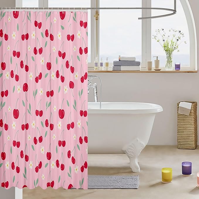 Feelyou Cherry Fabric Shower Curtain Fruits Shower Curtain for Kids Boys Girls Green Leaves Bathroom Waterproof Accessories with 12 Hooks Pink and Red Curtains,72X84 Inches
