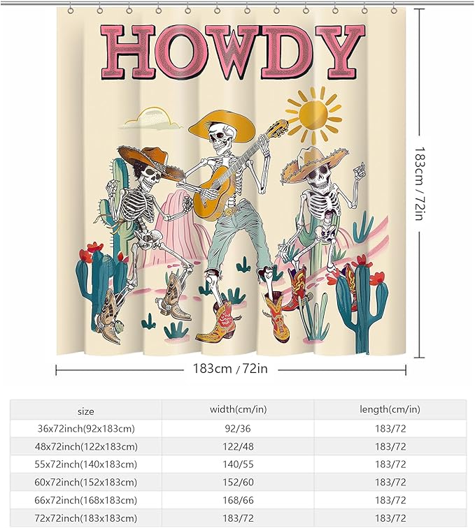 Funny Gothic Skull Shower Curtain Western Skeleton Shower Curtains for Bathroom Decor Waterproof Polyester Fabric Country Mountain Cactus Bathroom Curtain with Hooks 66x72 Inch