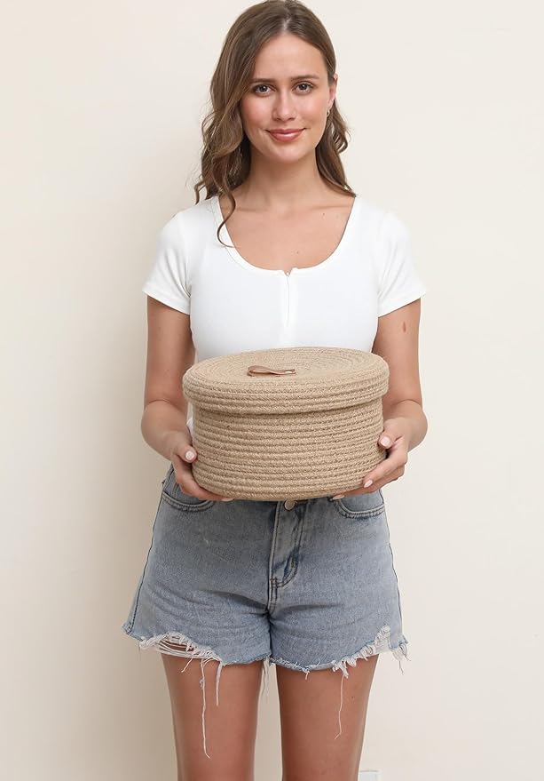 Cottonphant Set of 3 Stylish Round Woven Baskets with Lids - Elegant Storage Solution for Home Decor and Organization - Compact Shelf Baskets (Jute, 10"x6"-8"x5"-6"x4")