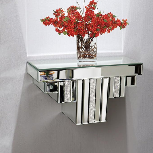 Mirrored Floating Wall Shelf, Silver Mirror Crushed Diamond Decorative Wall Shelf for Home Decoration Crystal Diamond Art Décor Accent Piece Showcase, 14.3" L×5.5" W×7.6" H