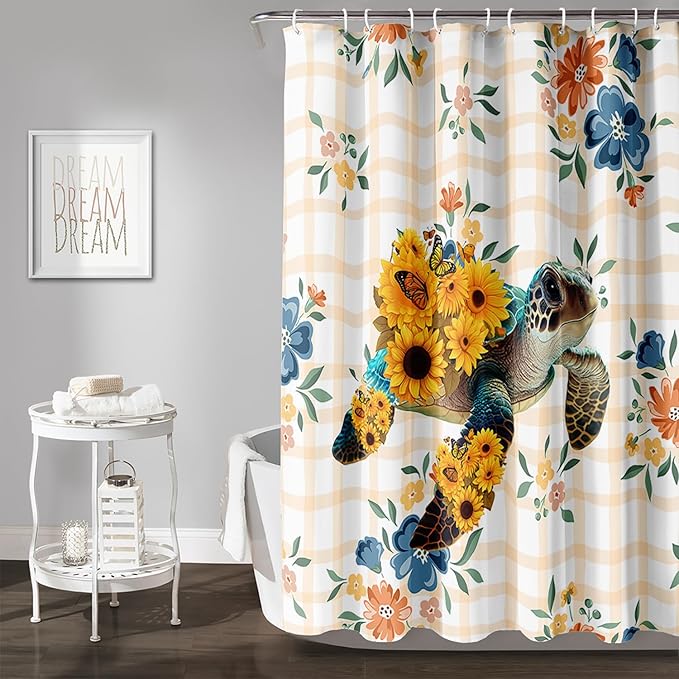 AILONEN Sea Turtle Shower Curtain for Bathroom, Sunflower Turtle Bathroom Curtain,Ocean Turtle Floral Grid Bath Curtain 60" W*72" H Polyester Waterproof Bathroom Curtain with 12 Hooks