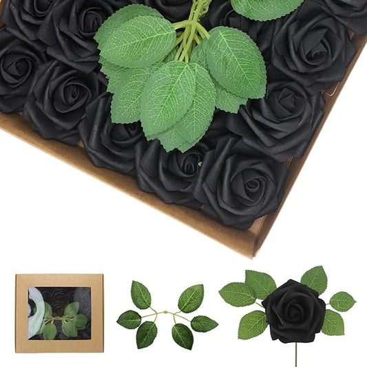 100PCS Black Artificial Flowers Roses Real Looking Foam Fake Roses with Leaves and for DIY Wedding Bouquets Bridal Shower Centerpieces Party Decorations (Black, 100)