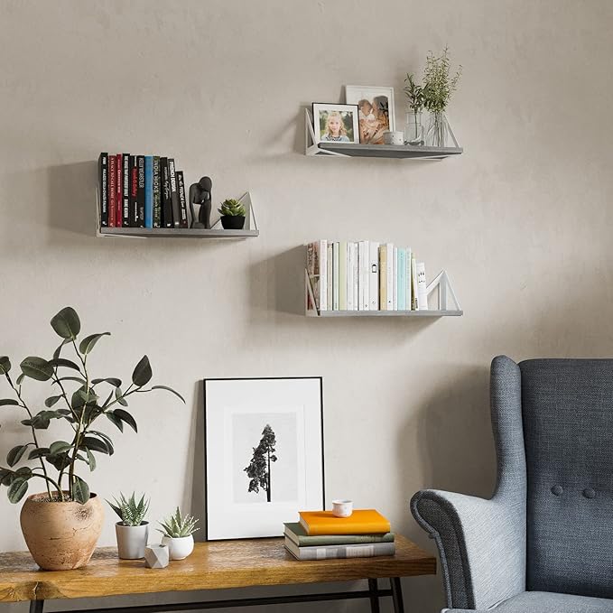Wallniture Minori Gray Floating Shelves for Wall, Bathroom Shelves Over The Toilet Storage, Wood Wall Shelf for Bedroom, Living Room, Kitchen, Set of 3