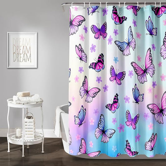 AILONEN Pink Butterfly Girls Shower Curtain for Bathroom Decor,Beautiful Floral Butterfly Women Butterfly Bath Curtain 72" W*72" H Polyester Waterproof Bathroom Curtain with 12 Hooks