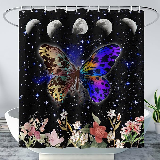 AILONEN Colorful Moth Shower Curtain,Sun and Moon Shower Curtain Set for Kids Girls Boys,Boho Natural Flowers Bath Curtain,Starry Night Bathroom Decor Shower Curtain with 12 Hooks,36" W*72" H