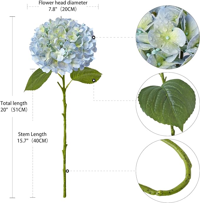 20" 4PCS Artificial Light Blue Hydrangea Flowers Large Faux Latex Real Touch Fake Hydrangeas Silk Bouquet with Leaves Stems for Family Table Office Wedding Party Arrangements
