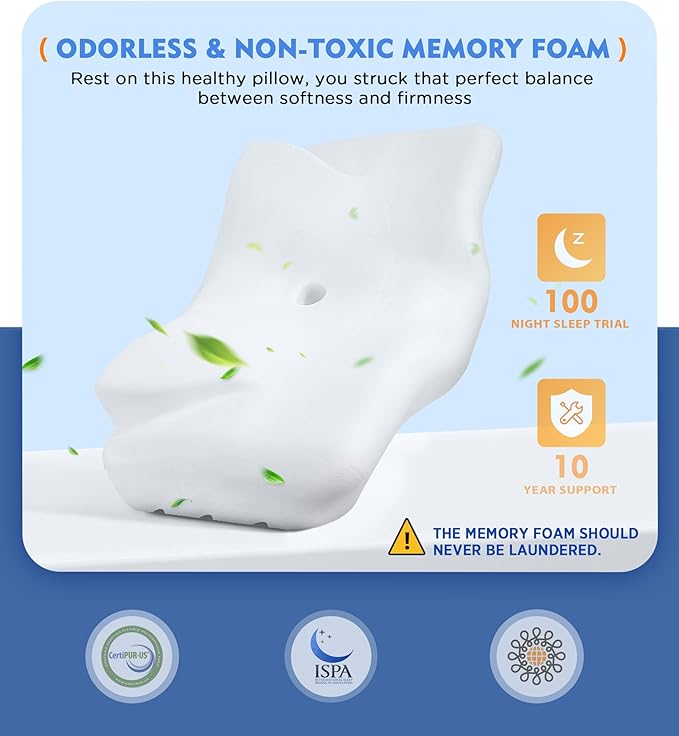 Cervical Pillow for Neck Pain Relief, Hollow Design Odorless Memory Foam Pillows with Cooling Case, Adjustable Orthopedic Bed Pillow for Sleeping, Contour Support for Side Back Stomach Sleepers