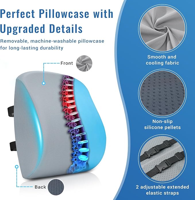 Lumbar Support Pillow for Office Chair Car Seat Cushion for Lower Back Sciatica Pain Relief Firm Memory Foam Pillows Wedge Chairs Cushions with Dual Straps (Cooling Grey)