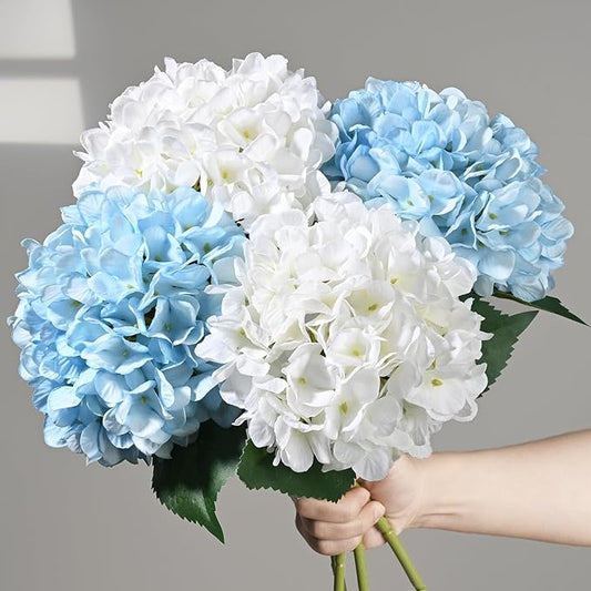 BLEUM CADE 4 Pcs Hydrangea Artificial Flowers with Realistic Stems, 18In Large Fake Flowers, Faux Flower for Home Party Decor Outdoor Wedding Bouquets Table Centerpieces Decoration, White Blue