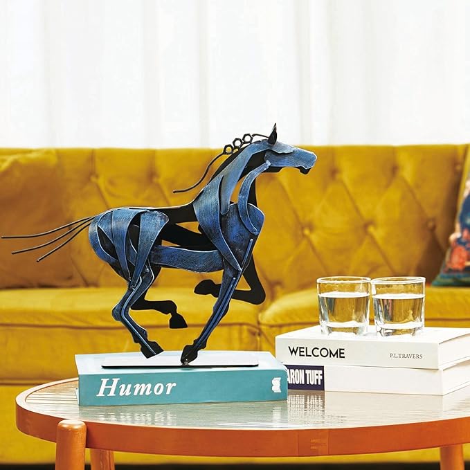 Horse Statue, Unique Metal Art Sculpture for Vintage Home Decor, Modern Decor, Gift for Horse Lovers (Blue)