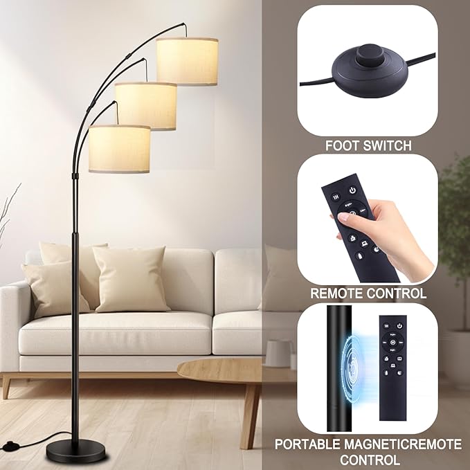 Arc Floor Lamp for Living Room with Remote Control, Dimmable Modern Mid Century 3 Lights Arched Tall Floor Lamp, Adjustable Standing Corner Lamp for Living Room Bedroom Office (Black+White Shade)