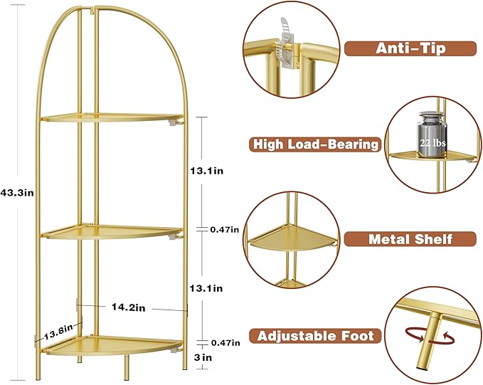 Crofy Foldable 3 Tier Corner Shelf, Metal Corner Plant Stand with Gold Frame and Gold Shelves, Corner Display Rack Multipurpose Shelving Unit for Living Room, Bedroom, Bathroom