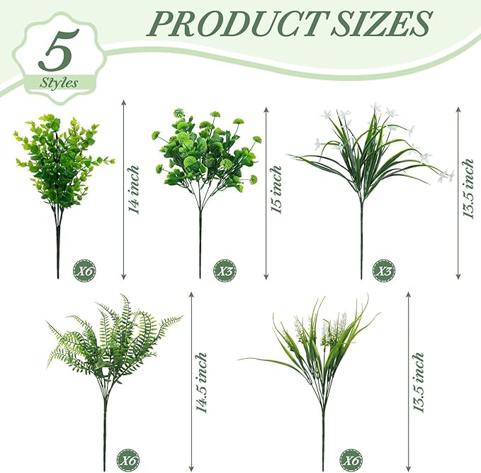 24 Bundles Artificial Plants Flowers for Outdoors Summer Decor, UV Resistant Fake Plants Plastic Faux Boston Fern Lavender Flowers Boxwood Greenery Shrubs for Gardens Porch Yard Home Spring Decor