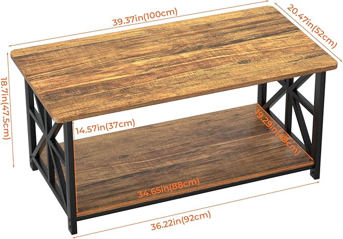 GreenForest Coffee Table with Round Corner, Farmhouse Center Table with 2-Tier Storage Shelf X-Frame Design for Living Room, 39 inch Walnut