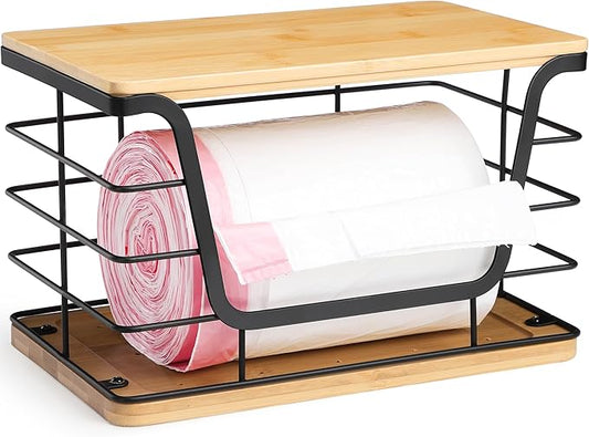 Extra Large Trash Bag Dispenser With Bamboo Top, Stainless Steel Stackable Garbage Bag Holder for Giant Trash Bags, Black