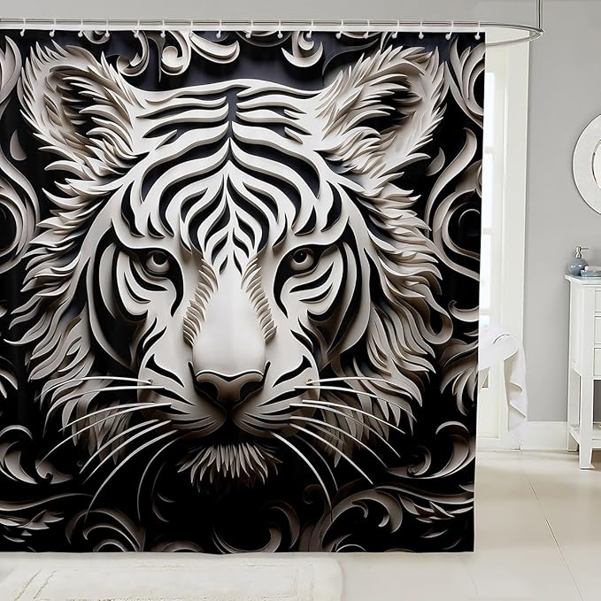Feelyou Leopard Fabric Shower Curtain for Girls Boys Adult Damask Leopard Bathroom Waterproof Accessories with 12 Hooks Black White Shower Curtain Animal Print Curtains,72x84 Inches