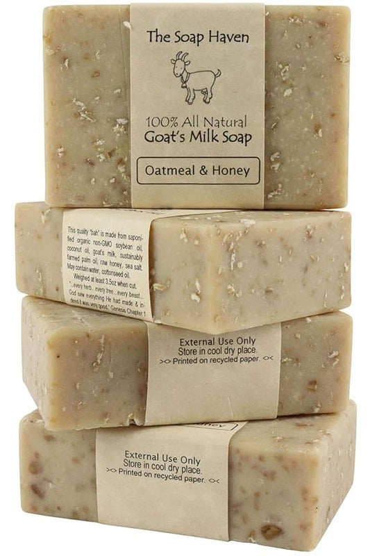 Oatmeal Soap - 4 Oatmeal & Honey Goat Milk Soap Bars, Handmade in USA, All Natural, Unscented, SLS Free, No Parabens