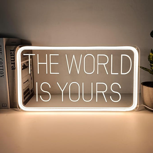 The World is Yours Neon Signs for Wall Decor 3D Carving Design Neon Sign for Bedroom. Warm White LED Neon Signs for Room, Bar, Office, Birthday Party Wedding