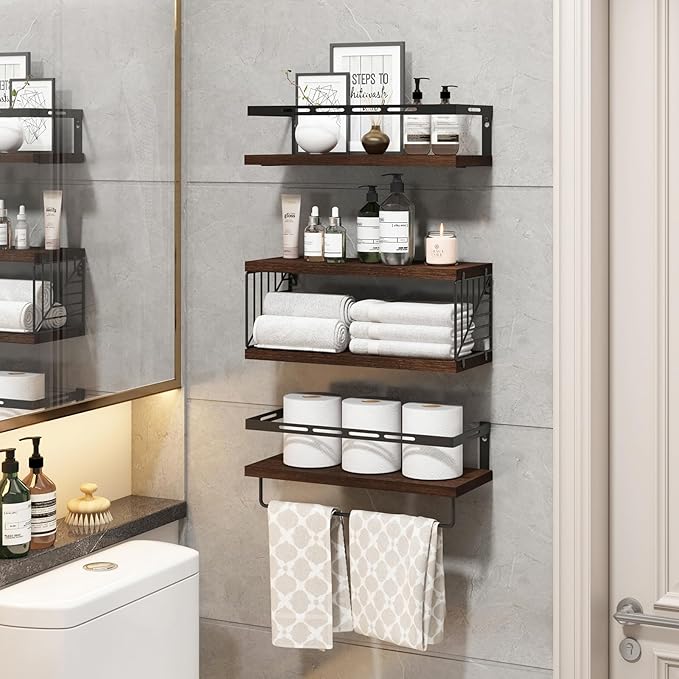 Fixwal 3+1 Tier Wall Mounted Bathroom Shelves Over Toilet, Rustic Wood Floating Shelves with Metal Frame and Towel Bar for Bathroom, Kitchen, Bedroom, Living Room (Dark Brown)
