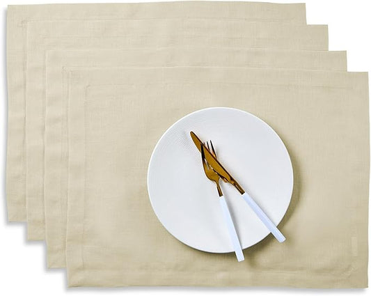 Solino Home Linen Cloth Placemats Set of 4-100% Pure Linen Birch Placemats 14 x 19 Inch for Summer - Fete