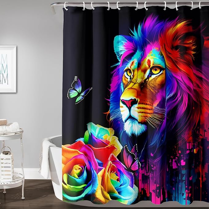 AILONEN Colorful Lion Shower Curtain for Kids Boys Teens,Rose Flower Graffiti Lion Bath Curtain for Bathroom Decor,Romantic Polyester Waterproof with 12 Plastic Hooks 48" W*72" H