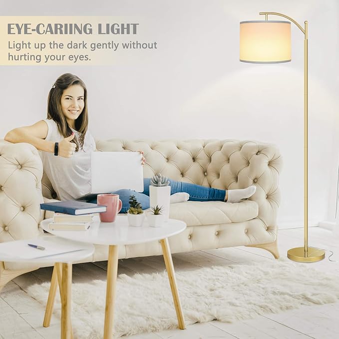 ROTTOGOON Floor Lamp for Living Room, LED Standing Lamp with White Lamp Shades Tall Industrial Floor Lamp Reading for Bedroom, Office, Study Room, 9W LED Bulb Included -Gold